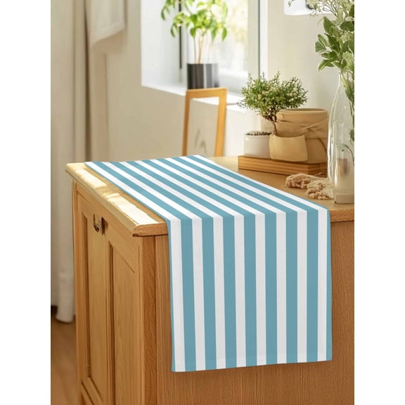 Modern Light Blue and White Stripe Table Runner 13x90in Non-Slip Cotton Linen Table Runners, Minimalist Line Art Dresser Scarves TableRunner for Dinner Kitchen Dining Wedding Party