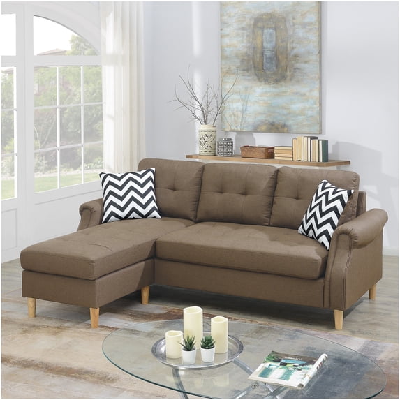 Modern Light Coffee Sectional Sofa with Reversible Chaise, Linen-Like Polyfiber Upholstery and Tufted Design