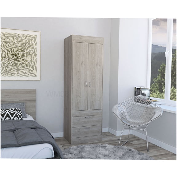 Modern Light Gray Armoire with 2 Doors and 2 Drawers for Space-Saving Storage