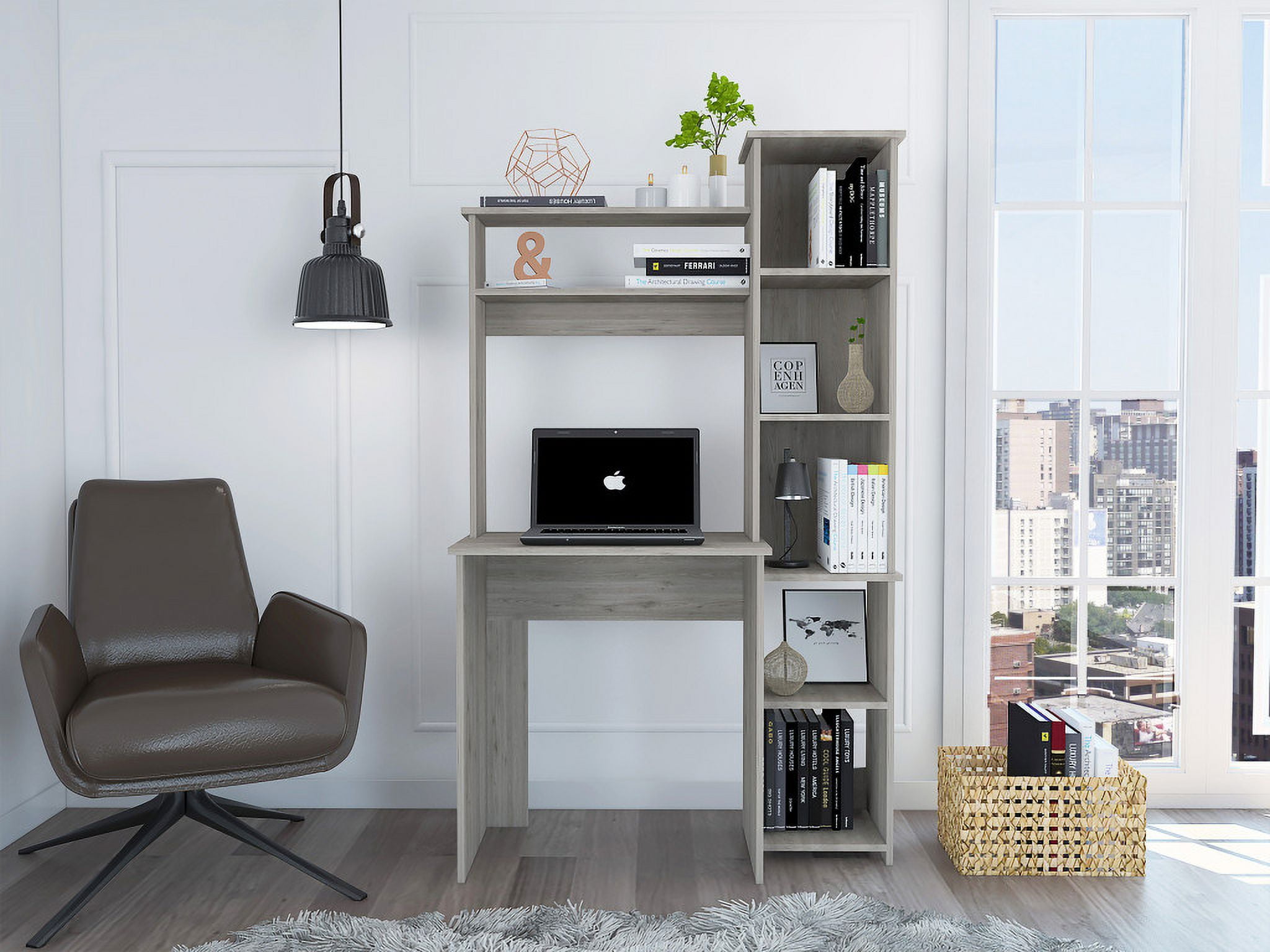 Sleek Minimalist Light Gray Computer Desk with Side Bookcase