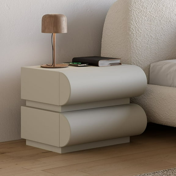 Modern Light Gray Smart Nightstand with Wireless Charger Drawers Bedside Table