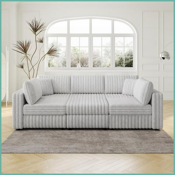 Modern Light Gray U-Shaped 6-Person Sofa - Plush Acrylic Rabbit Fur-Like Fabric with Hydraulic Storage for Living Room & Bedroom