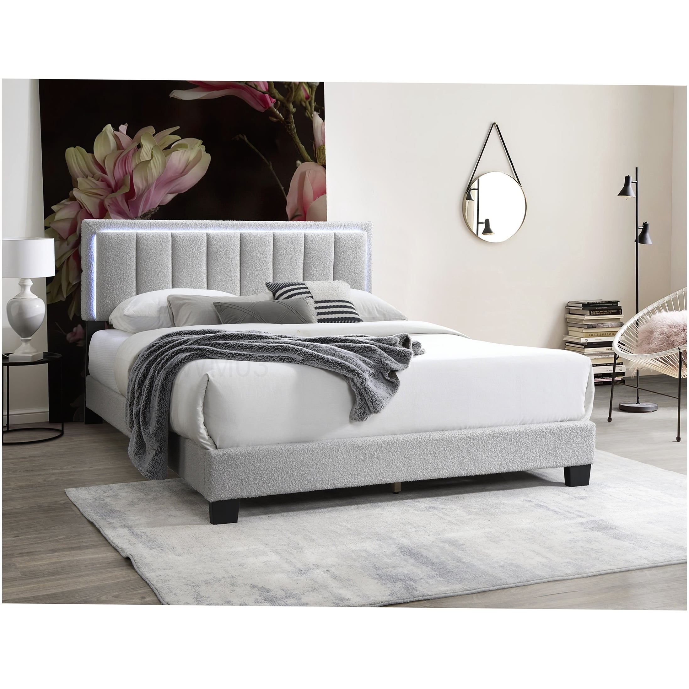Modern Light Gray Upholstered Queen Bed with LED Lights, Channel Tufted Headboard Platform Bed Frame, No Box Spring Required