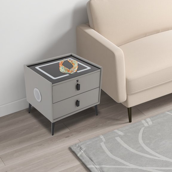 Modern Light Grey Bedside Table W/Wireless Charging Bluetooth Speaker Smart Nightstand W/Light&USB