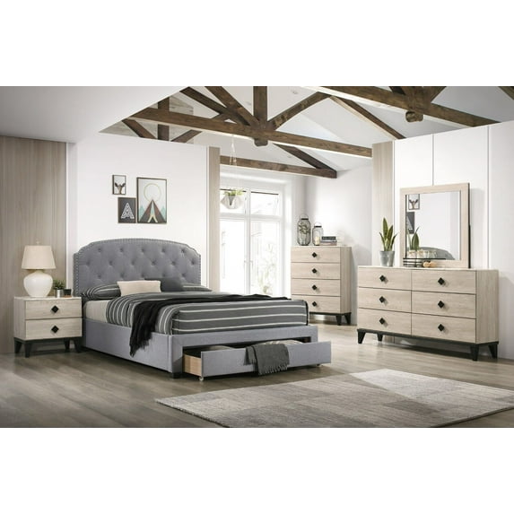 Modern Light Grey Full Size Bed Dresser Mirror 2x Nightstands Chest 6pc Bedroom Set Tufted Burlap Fabric Storage FB