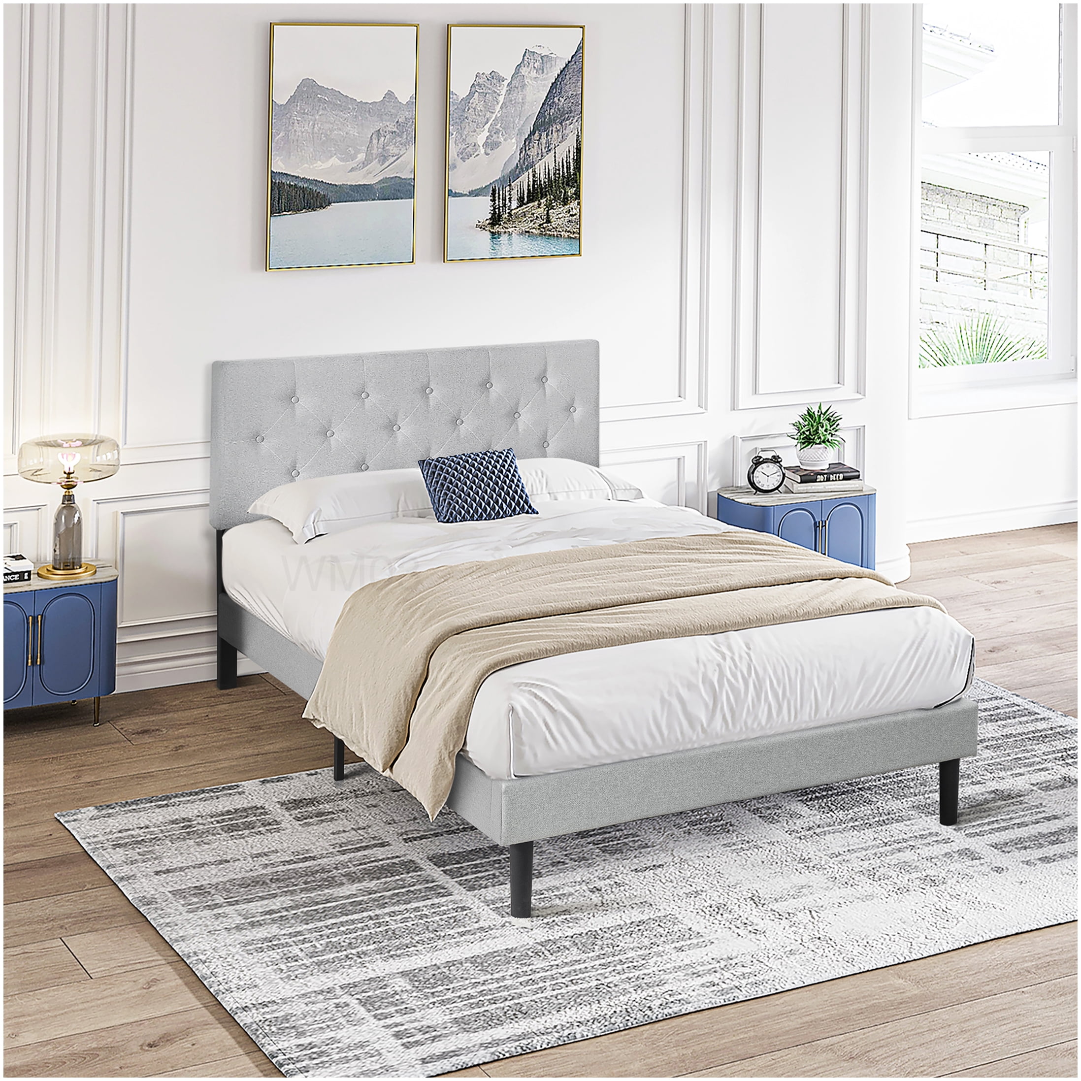 Modern Light Grey Upholstered Queen Bed, Platform Frame with Button Tufted Headboard and Wood Slats, Under Bed Clearance