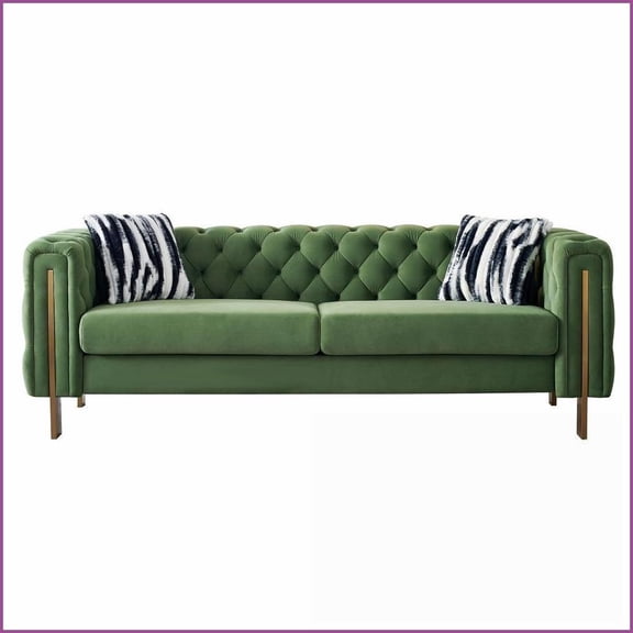 Modern Light Luxury 84.25''W Mint Green Velvet Sofa with Tufted Back & Gold Legs Living Room | Velvet | Tufted Back | Rolled Arms
