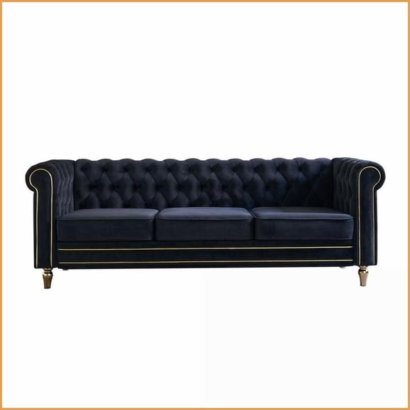 Modern Light Luxury 84.65 Velvet Chesterfield Sofa  Black 3-Seat Living Room Couch with Gold Trim | Black | Velvet | Rolled Arms