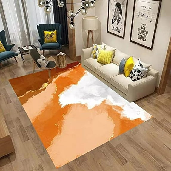 Modern Light Luxury Bedroom Area Rug, Mid-Century Oil Painting Orange Brown White Rug, Durable Non-slip Washable Absorbent Floor Rugs For Sofa Pet Living Room Entryway Hallway 3 x 4ft