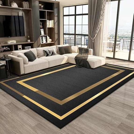 Modern Light Luxury Black Gold Frame Area Rug For Bedroom, Washable Living Room Rug, Soft Accent Rugs For Entryway, Non-Slip Non-Shedding Low-Pile Floor Carpet 4' x 6'
