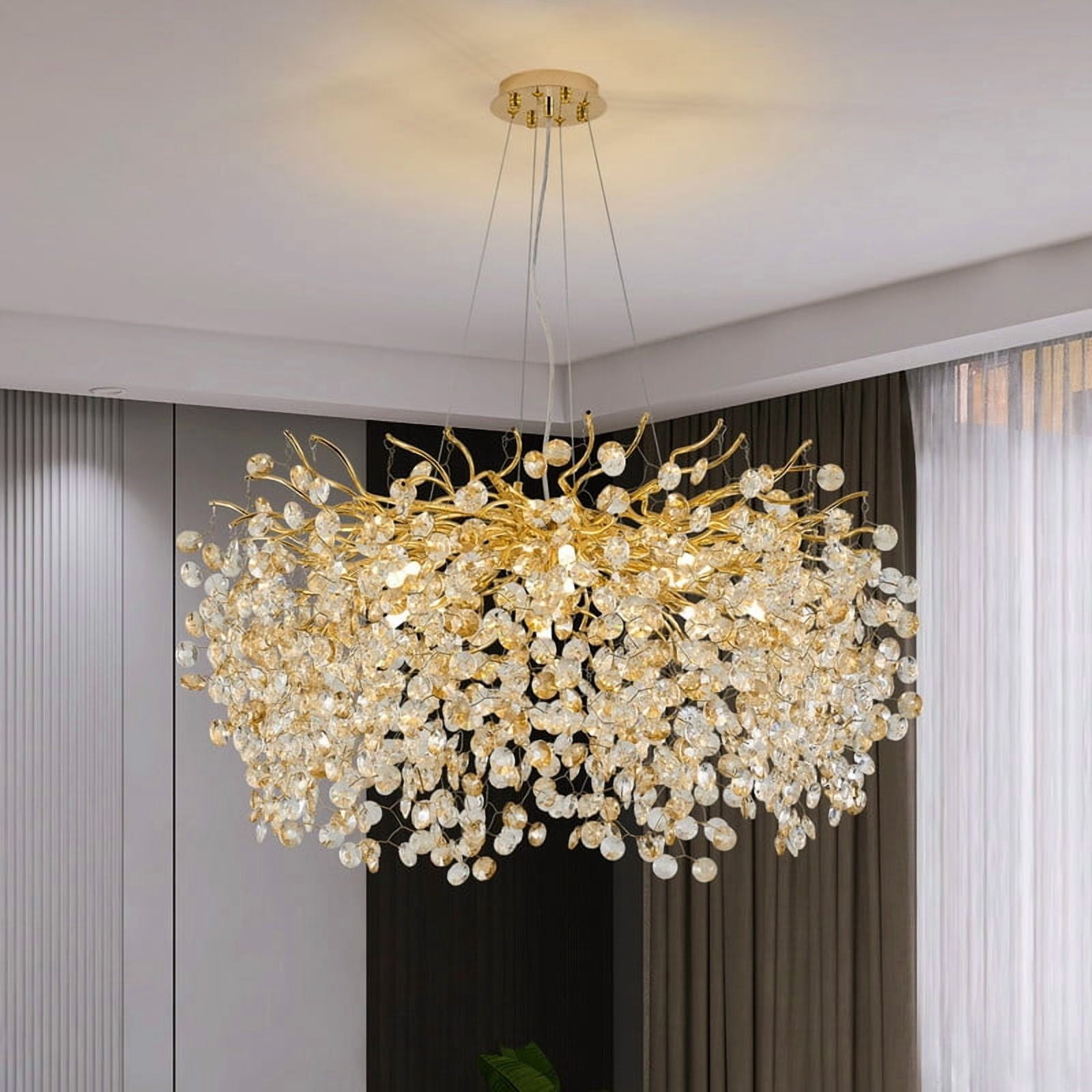 Contemporary Crystal Chandelier – Gold Tree Branch Design, 31.5” Wide, Adjustable Hanging, 10 G9 Bulbs
