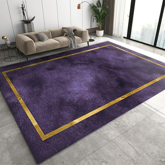 Modern Light Luxury Rugs for Living Room, Purple and Gold Geometric Border Non-Slip Rug, Washable Non-Shedding Durable Carpet for Indoor Bedside Room Decor Mats 4' x 5'