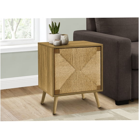 Modern Light Walnut End Table with Seagrass Door, Compact Side Table with Storage Cabinet for Living Room, Sofa Table with Adjustable Shelf