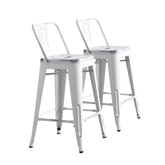 Modern Light Weight Industrial Contemporary Rustic Vintage Costal Metal Barstools With Bucket Back And 4 Leg Design, Seat Bar Stools (Set Of 2) (24" Seat, Distressed White)
