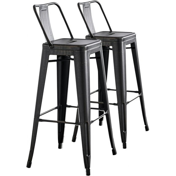Modern Light Weight Industrial Contemporary Rustic Vintage Costal Metal Barstools with Bucket Back and 4 Leg Design, Seat Bar Stools (Set of 2) (30" Seat, Distressed Black)