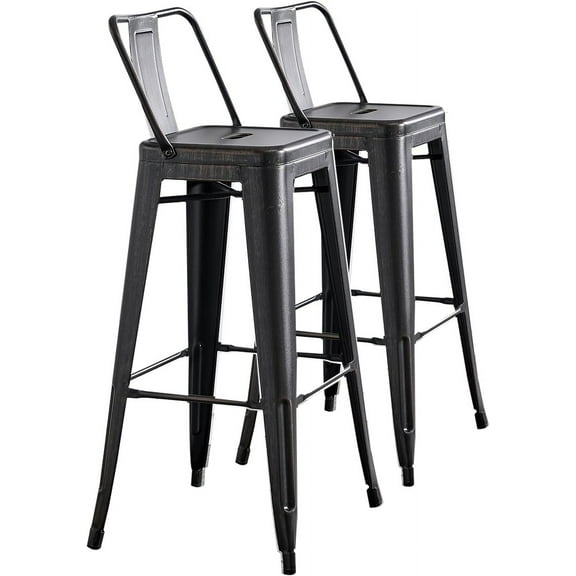 Set of 2 Industrial Barstools - Metal, Distressed Black, 30" Seat Height - Rustic & Vintage Style for Kitchen Island, Bar, or Counter - Durable 4-Leg Design - 17"L x 40"H x 17"D