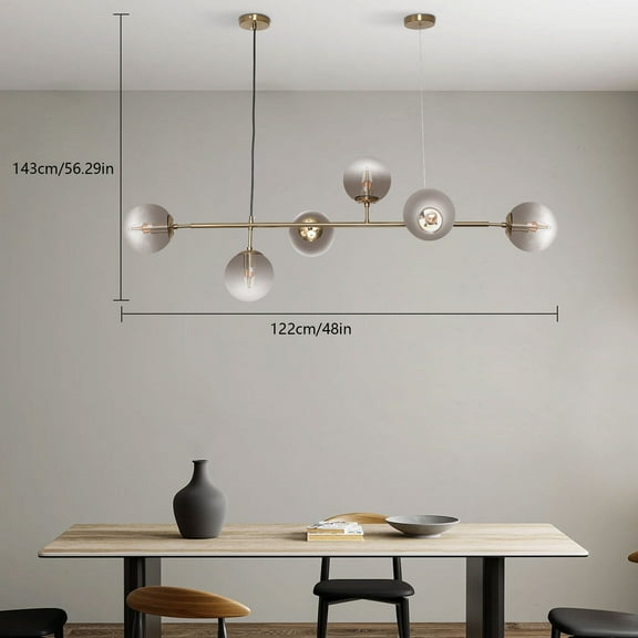 Modern Lighting 6-Light Globe Pendant Light Mid Century Vintage Sputnik Chandelier Gold Farmhouse Linear Chandelier Kitchen Island Lighting (Gold+Smoke Gray)