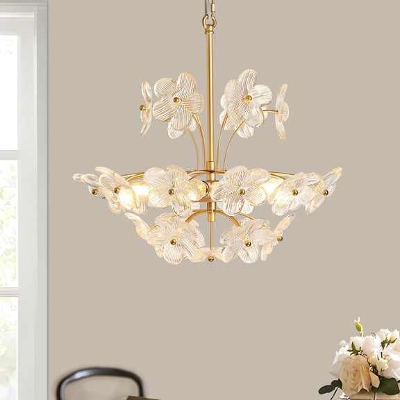 KAISITE 6-Light Mid-Century Gold Basket Chandeliers with Petal Glass Shade, Ideal for Dining Room Bedroom Living Room