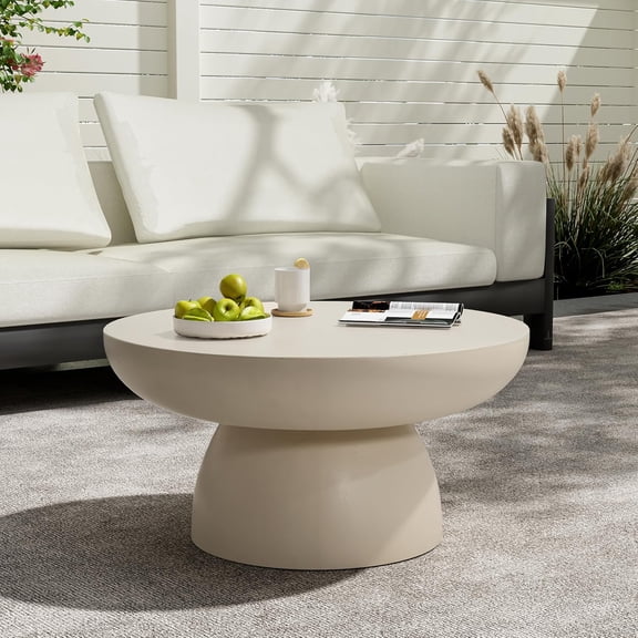Modern Lightweight Concrete Coffee Table, Indoor and Outdoor Round Top Accent Table, MGO Sofa End Table with Pedestal Base, No Assembly Needed, 27.5