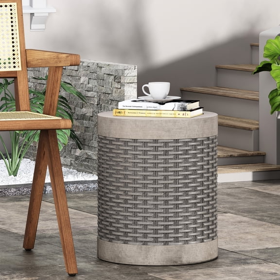 Modern Lightweight Concrete Patio Table - Basket Weave Style, No Assembly Trendsetting Deck Accent Build,