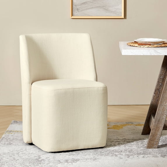 Upholstered Dining Chair with Casters Armless Accent Chair with Wheels Dining Room Kitchen Linen