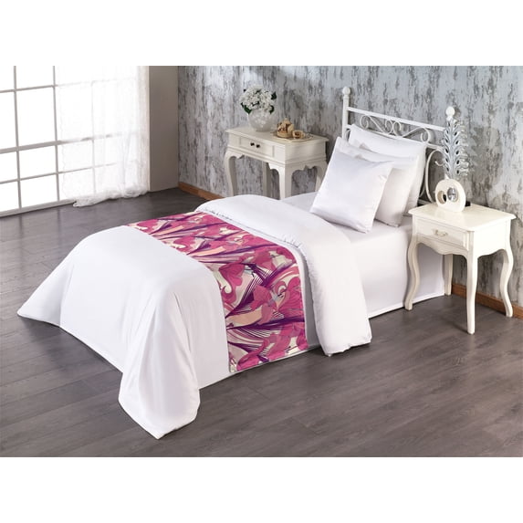 Modern Lily Bed Runner, Pastel Colors Delicate Floral Boho Pattern with Abstract Look Leaves, Decorative Accent Bedding Scarf for Hotels Homes & Guest Rooms, Twin, Hot Pink Plum Magenta, by Ambesonne