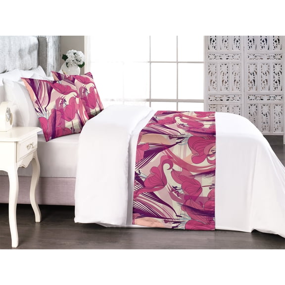 Modern Lily Bed Runner Set, Pastel Colors Delicate Floral Boho Pattern with Abstract Look Leaves, Decorative Bedding Scarf & 2 Pillow Shams for Hotels Homes, Queen, Hot Pink Plum Magenta, by Ambesonne