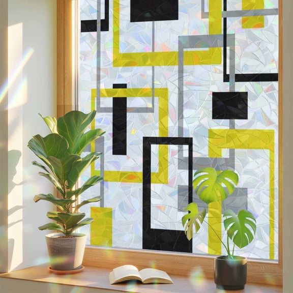 Modern Line Style Art Window Privacy Film, Rainbow Film Decorative Window Sticker 17.7x39.3in, Color Block Sun Blocking Static Stained Glass Cling Tint Non-Adhesive