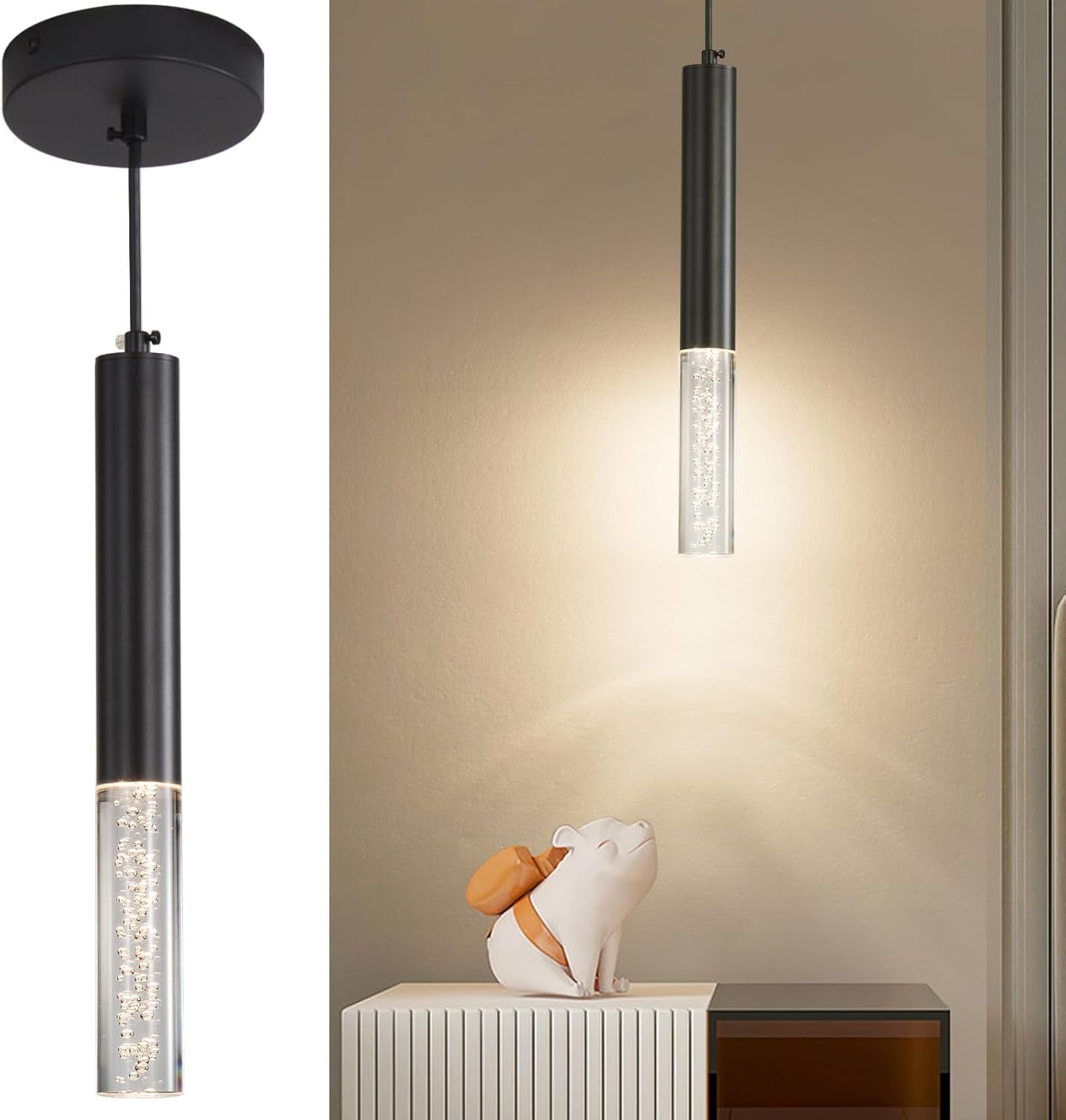 Modern Linear Pendant Light for Kitchen Island LED Hanging Light Fixture with Bubble Acrylic 3 Color 3000K/4500K/6500K Mini Ceiling Chandelier Lighting