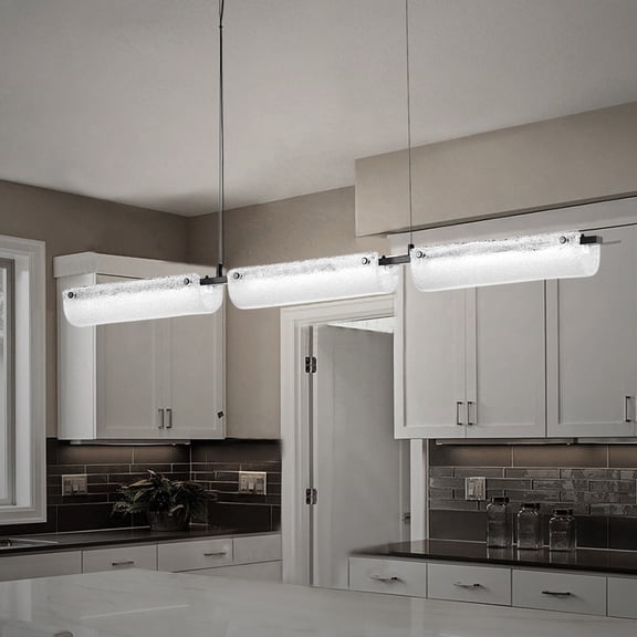 Modern Linear Pendant Lights with Textured Glass Shades, 3-Light LED Adjustable Chandelier for Kitchen Island & Dining Room