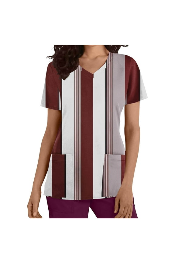 Modern Linear Stripe Healthcare Top for Women Soft V-Neck Scrubs Shirt, Professional Nursing Uniform, Casual Workwear Blouses, Comfort Pullover Tops