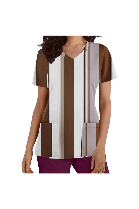 Modern Linear Stripe Healthcare Top for Women Soft V-Neck Scrubs Shirt, Professional Nursing Uniform, Casual Workwear Blouses, Comfort Pullover Tops
