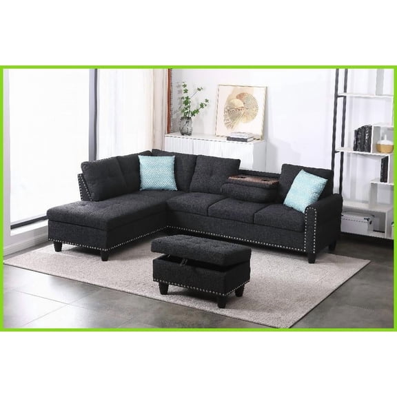 Modern Linen-Blend 98” Wide Left-Hand Facing Sofa & Chaise with Storage Ottoman for Small Spaces