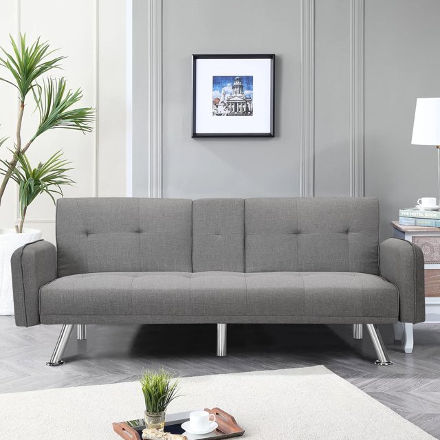 Modern Linen Convertible Futon Sofa Bed with 2 Cupholders, Upholstered