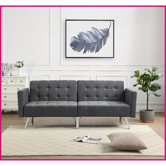 Modern Linen Convertible Loveseat Sofa Bed - Dark Grey Small Space Sleeper Couch for Living Room Bedroom