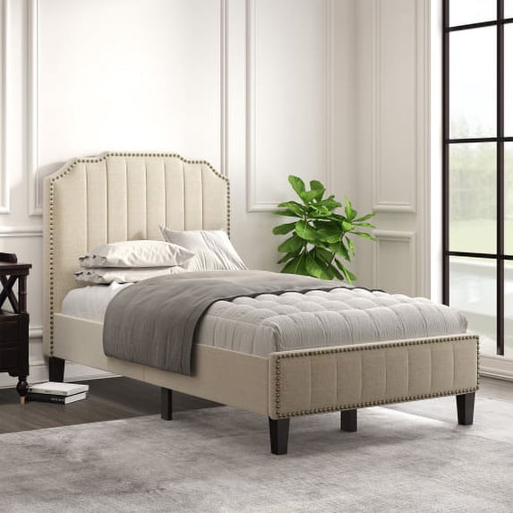 Modern Linen Curved Upholstered Platform Bed , Solid Wood Frame , Nailhead Trim (Twin)