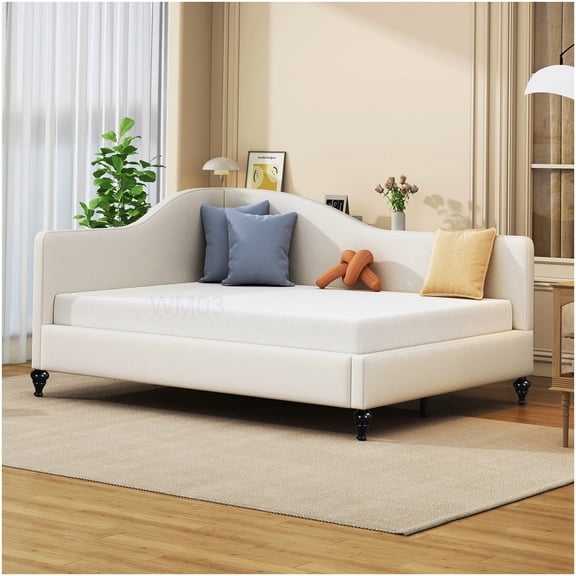 Modern Linen Daybed with Solid Wood Legs, Full or Twin Size Sleeper Sofa in Beige/Gray