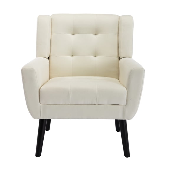 Modern Linen Fabric Accent Chair with Tufted Backrest, Flared Legs and Armrest, Upholstered Ergonomics Chair with Wooden Frame, Reading Armchair for Living Room Bedroom, Beige
