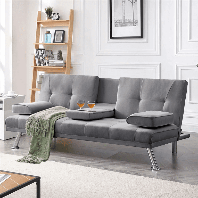 Derzers Modern Linen Fabric Futon Sofa for Small Spaces Studio Apartment Contemporary Couch with Cupholders and Pillows Light Gray Linen