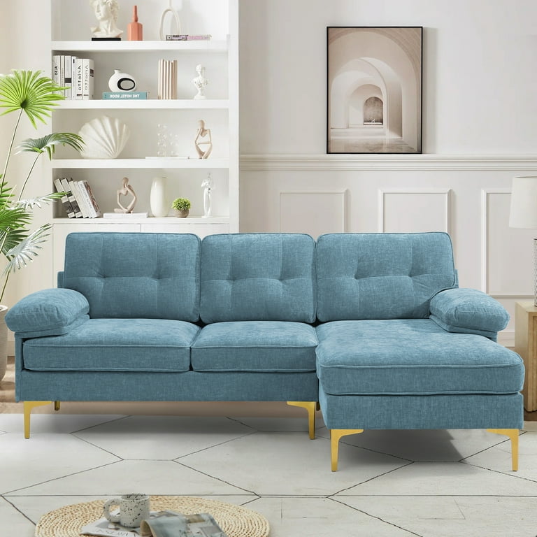 Modern Linen Fabric L Shaped Couch 4 Seat Sofa Sectional 82.7 Upholstered Sofa Convertible Sectional Sofa Couch with Chaise Light Blue
