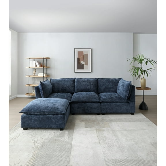 Modern Linen Fabric Sectional Sofa with Convertible Ottoman, L-Shape Corner Couch Set for Living Room, Apartment, Office in Blue and 2 Other Colors