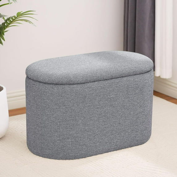 Modern Linen Fabric Storage Ottoman, Upholstered End of Bed Stool with Removable Lid, Oval Ottoman Foot Rest for Bedroom Living Room Entryway Dorm Small Space Storage, Grey
