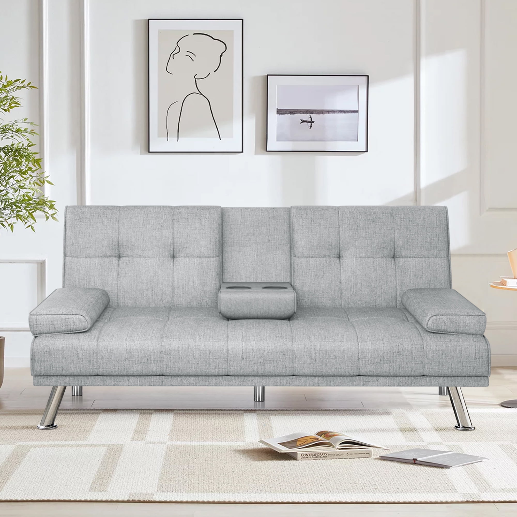 Modern Linen Futon with Cup holders and Pillows Convertible Folding ...