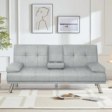 Modern Linen Futon with Cup holders and Pillows Convertible Folding Sofa Bed