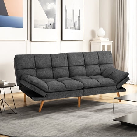Modern Linen Futon with Memory Foam and Adjustable Armrests Fabric Gray