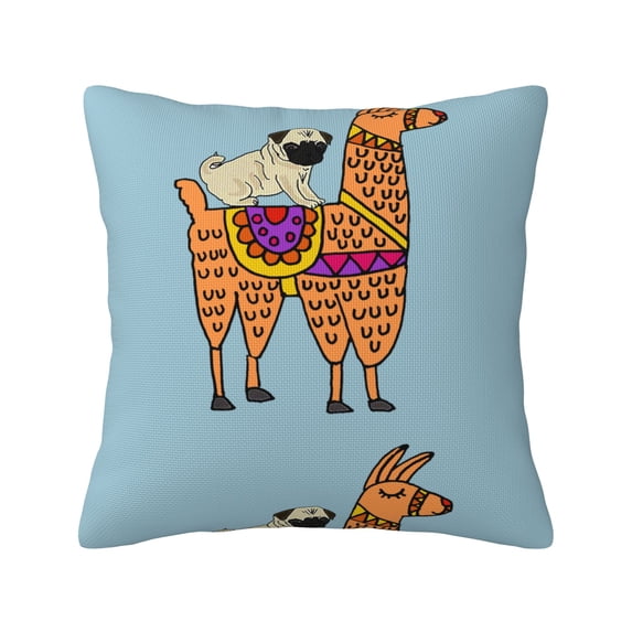 Modern Linen Throw Pillow Covers Cute Pug Dog Riding On Llama Pillow Covers Pillowcases Home Decor Bed Couch Sofa Office Living Room Cushion(Without Pillow Core)
