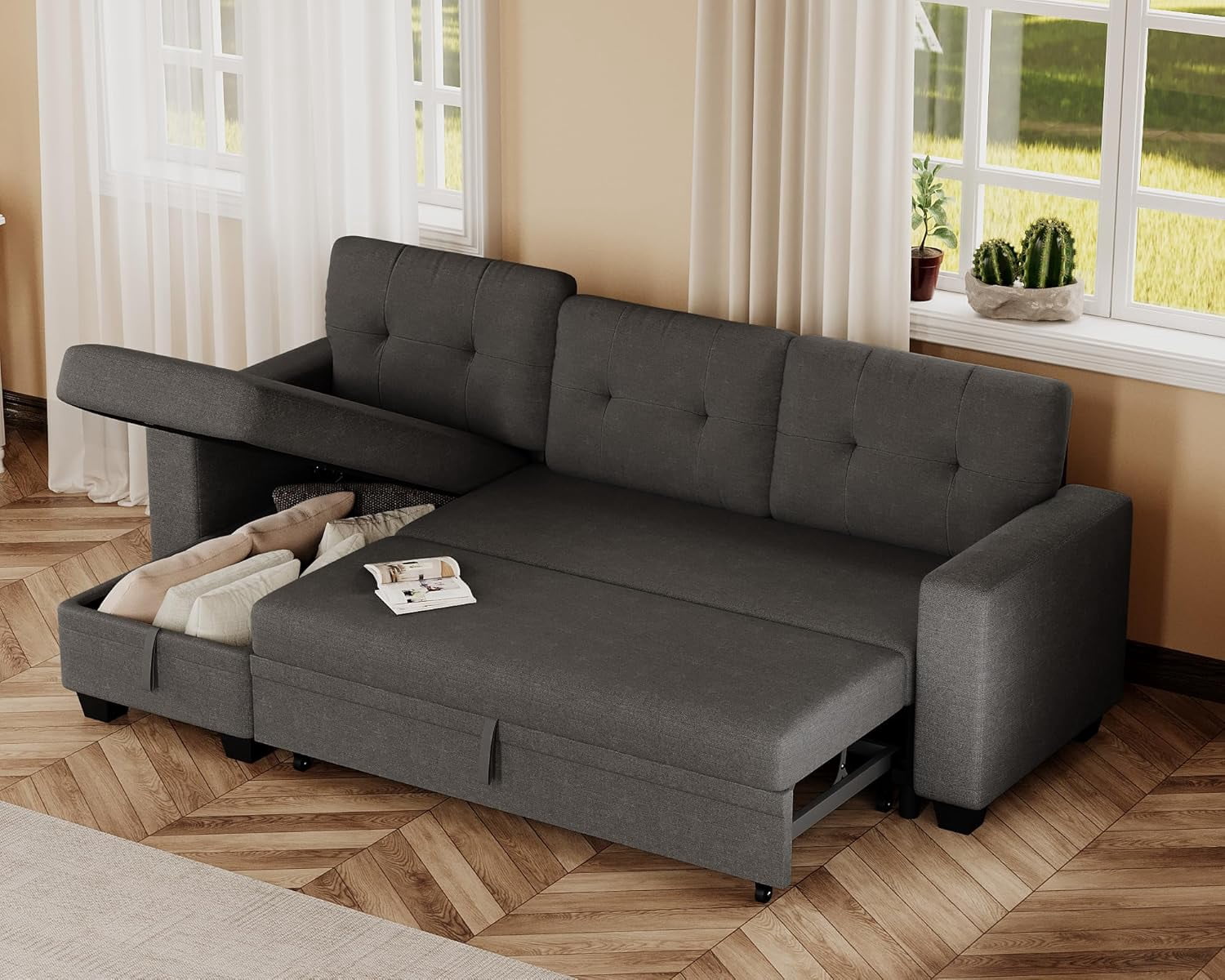 Modern Linen Upholstered Convertible Folding Futon Sofa Bed with ...