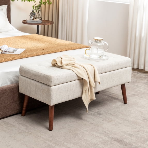 Modern Linen Upholstered End of Bed Bench Tufted Storage Ottoman With Solid Wood Legs