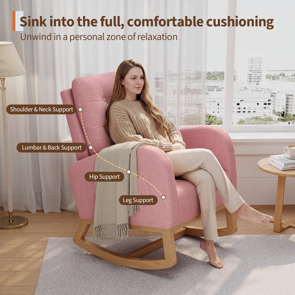 Modern Linen Upholstered Rocking Chair - Glider Chair with Side Pocket for Living Room Bedroom Nursery