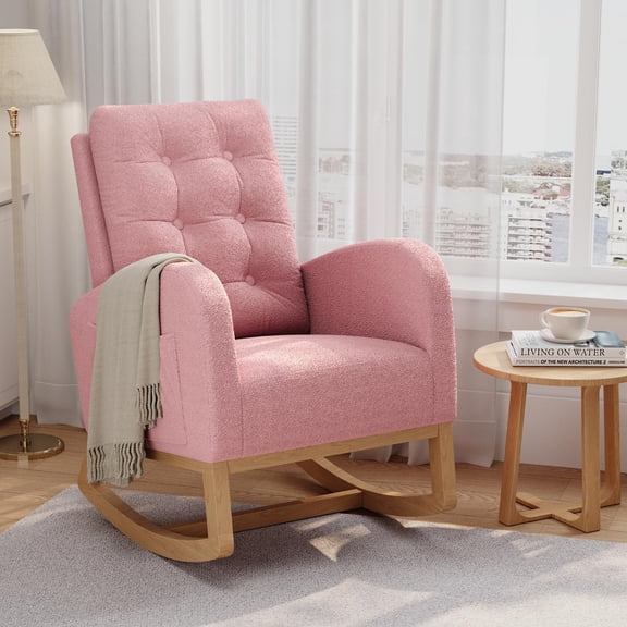 Modern Linen Upholstered Rocking Chair - Glider Chair with Side Pocket for Living Room Bedroom Nursery